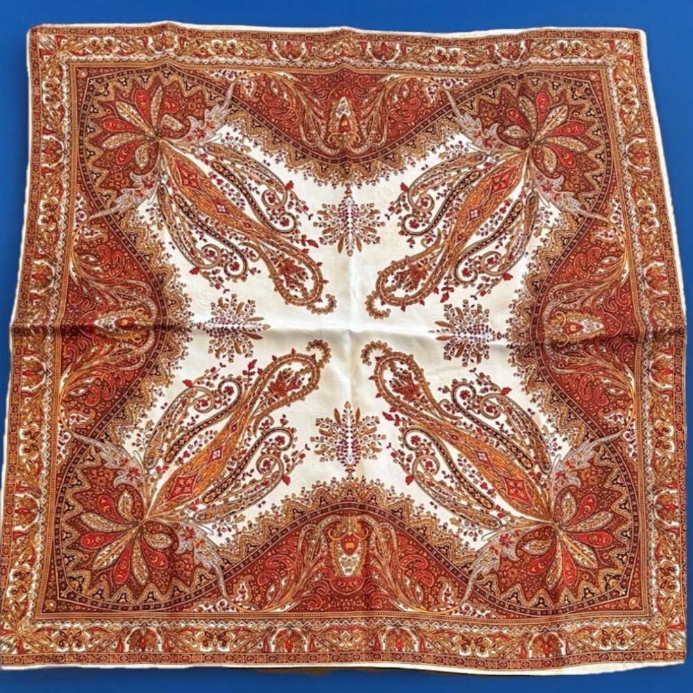 VTG Paisley Print Scarf Mid Century 23" Square Cream Amber Red Orange Brown EUC